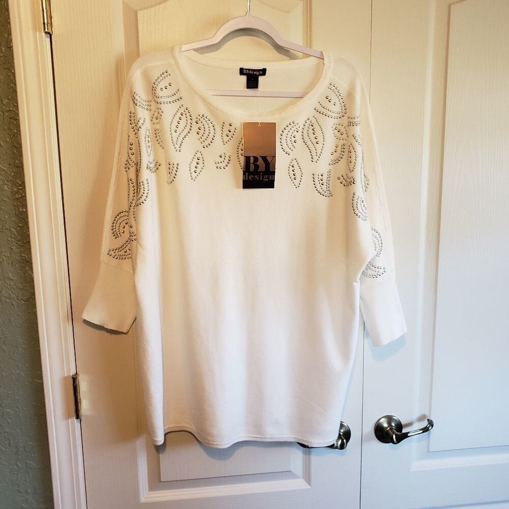 BY Design new studded‎ silver and gold statement sweater 3/4 sleeve plus size 1X